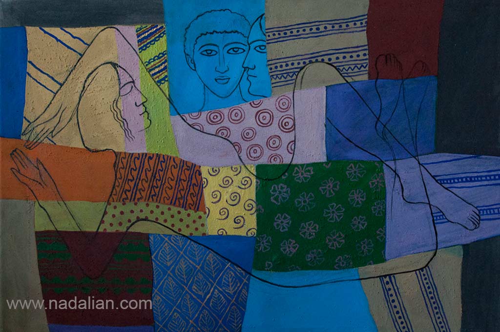 احمد نادعلیان، نقاشی زن و زوج عاشق با الهام از نقوش موجود در گلابتون دوزی و نقوش پارچه ها در بستری همانند چهل تکه