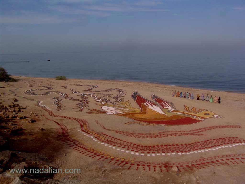 A Fabulous Mythological Bird, Painting by colored soils and sands of Hormuz Island in natural environment, Collaborative works with Hormuz Local People Director Ahmad Nadalian