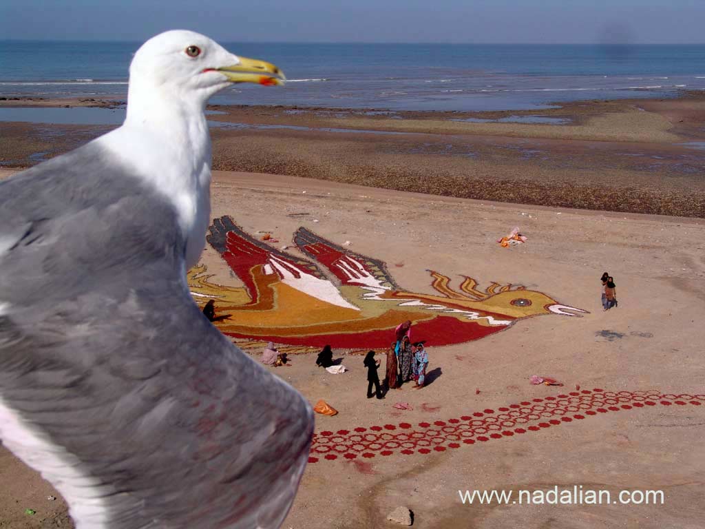 A Fabulous Mythological Bird, Painting by colored soils and sands of Hormuz Island in natural environment, Collaborative works with Hormuz Local People Director Ahmad Nadalian