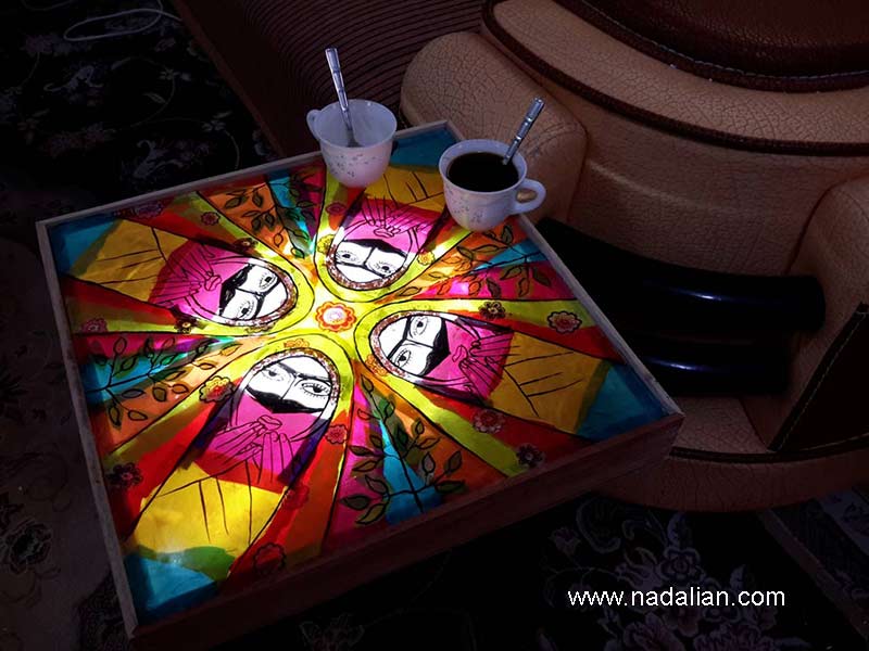 میز و جعبه نوری با استفاده از پارچه نقاشی پشت شیشه روستای سلخ قشم