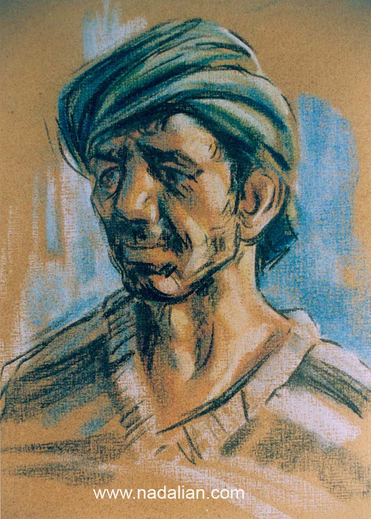 نقاشی از چهره یک مرد با پاستل روی مقوای 