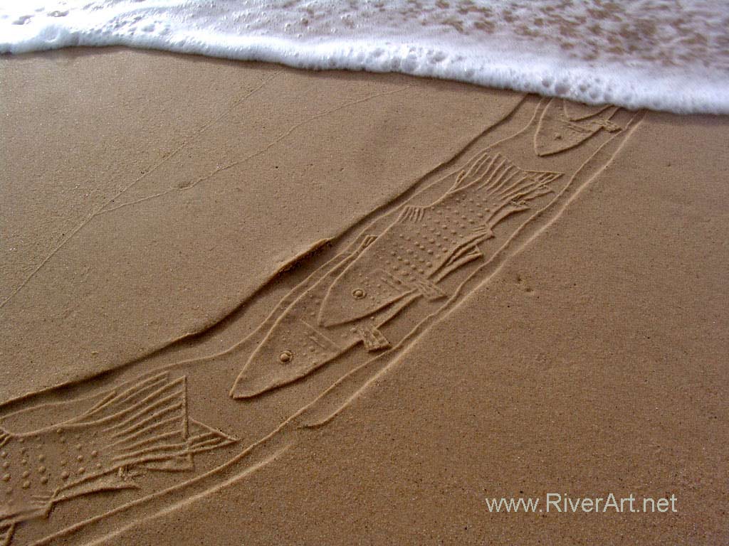 Print of fish by Ahmad Nadalian's cylindrical seals on the sand  beach, Cape Town, South Africa 