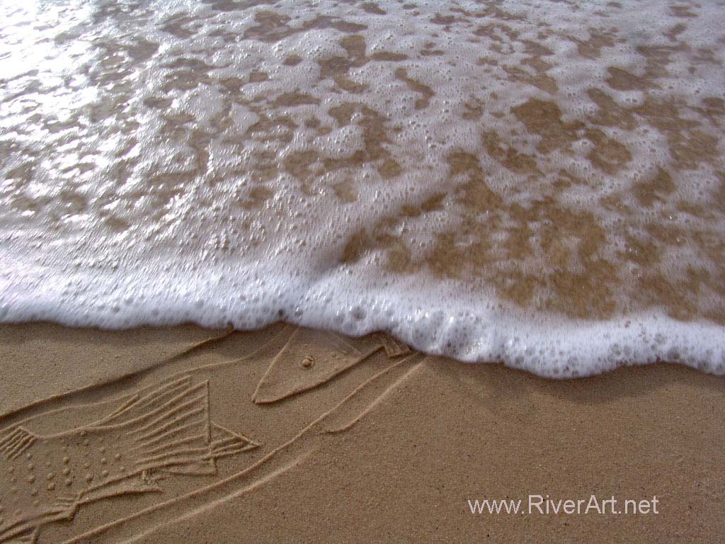 Print of fish by Ahmad Nadalian's cylindrical seals on the sand  beach, Cape Town, South Africa 