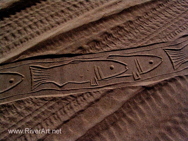 Print of fish by Ahmad Nadalian's cylindrical seals on the sand beach 