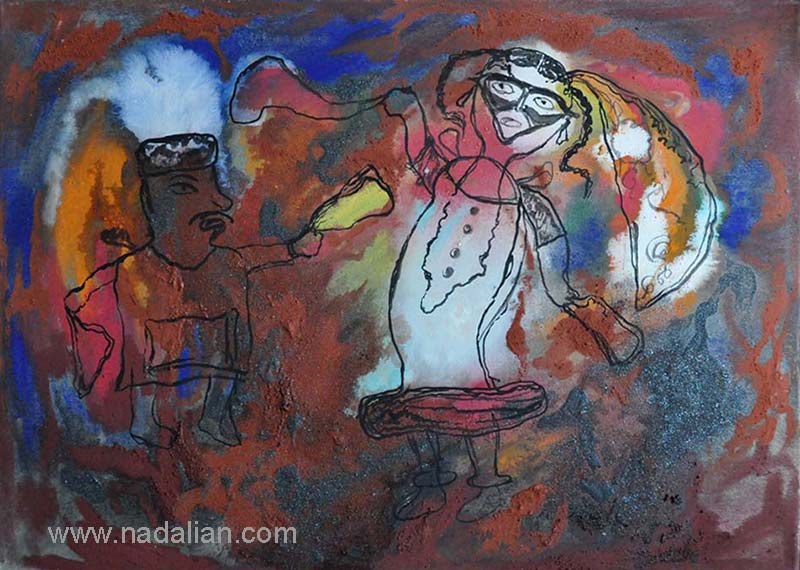 نقاشی احمد نادعلیان با استفاده از یکی از طراحی های محسن. زن و مرد در حال رقصیدن