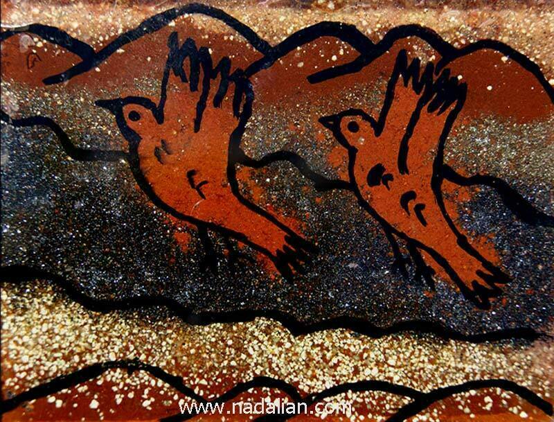 نقاشی پرنده ها با شن ها و خاک های رنگی جزیره هرمز ، کار الهام عروس کنیز