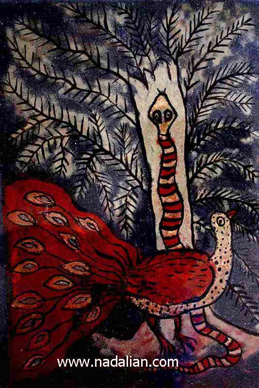 نقاشی مار و طاووس با شن ها و خاک های رنگی جزیره هرمز